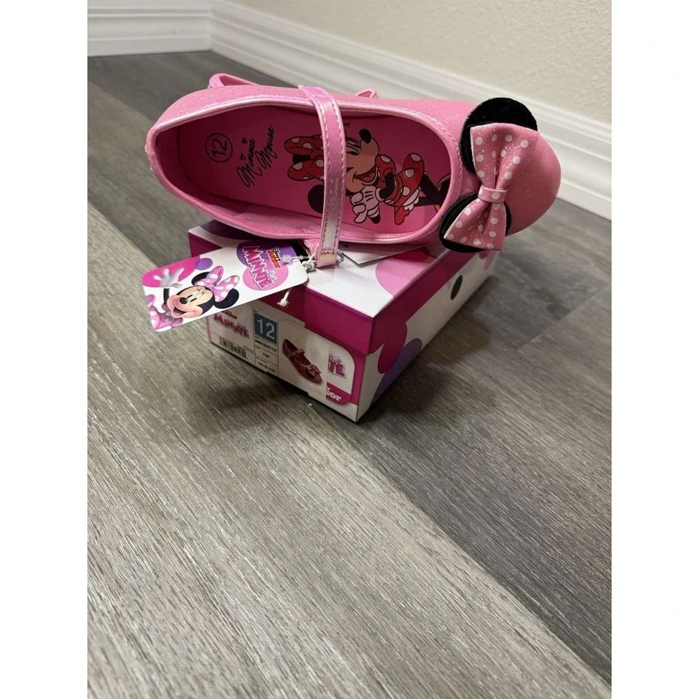 Disney Minnie Mouse Toddler Girls Pink Glitter Mary Jane Ballet Flats Sz 12 NWT